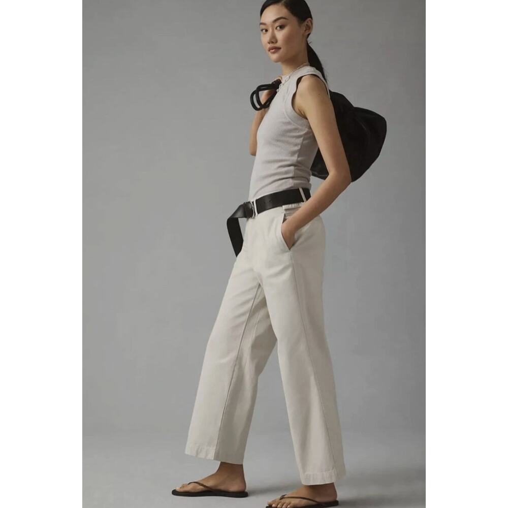 Maeve Anthropologie Pleated Wide-Leg Chino Trousers 100% Cotton Womens 10 Casual - Picture 2 of 13